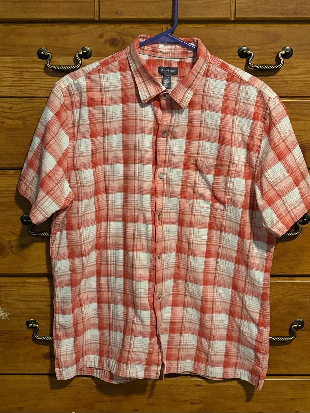 Van Heusen Coral and White Plaid Short-Sleeve Button-Down Shirt